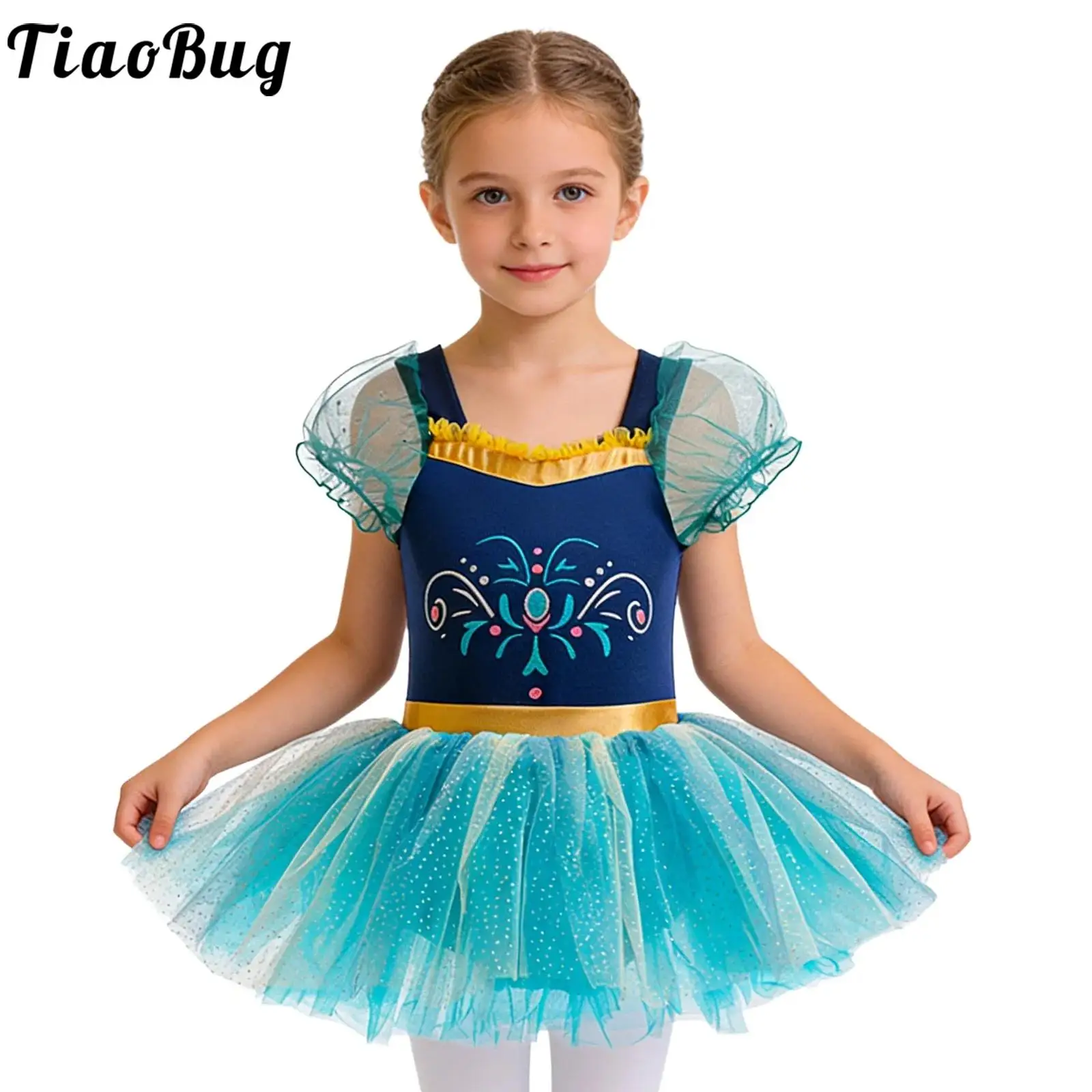 

Kids Girls Leotards Tutu Dress for Ballet Ballerina Dance Performance Costume Short Puff Sleeve Tulle Dress with Built-in Briefs