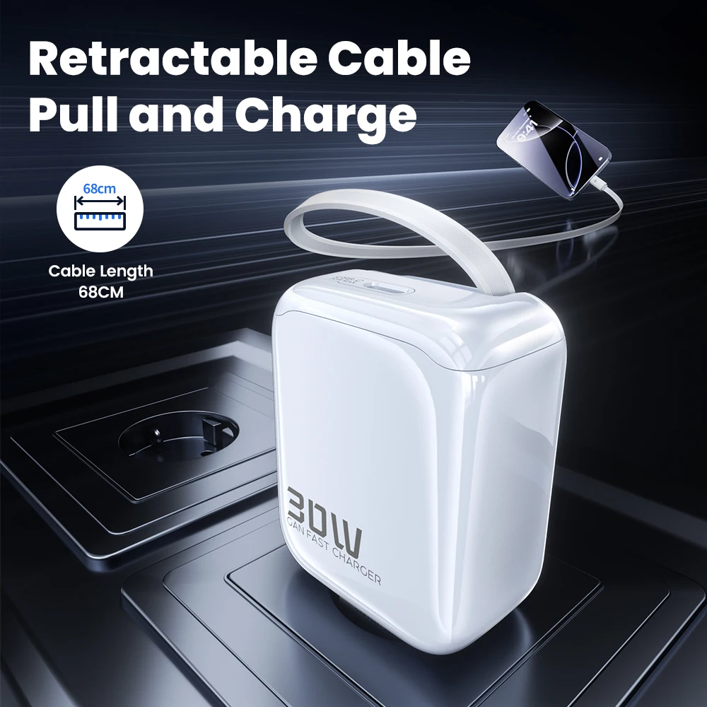 Toocki GaN 30W Fast USB Charger PD Fast Charging For iPhone16 15 USB Type C Fast Charger Quick Charge Built in Retractable Cable