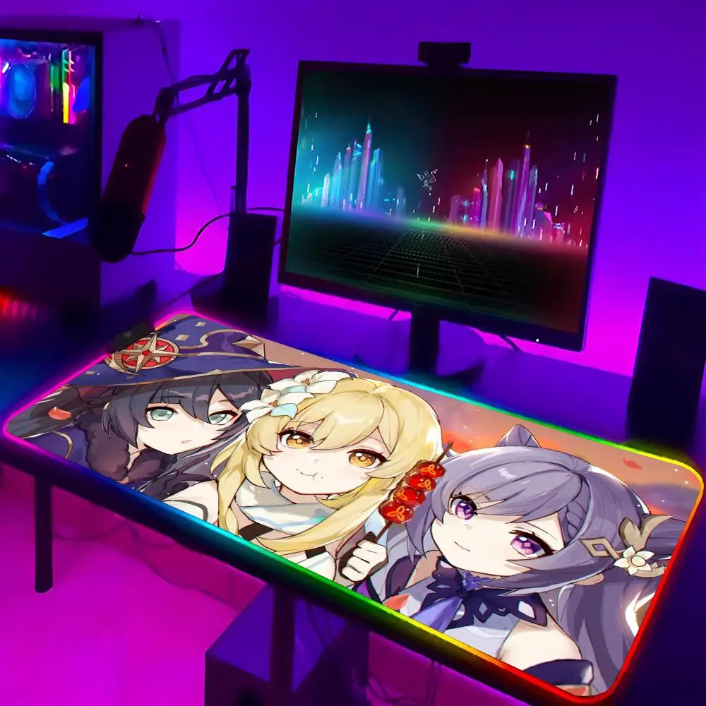 Mona Genshin Impact Mouse Pad Gaming Rgb Mousepad Backlit Keyboard Gamer Girl Xxl Laptop Mat Table xxl Pads Deskpad