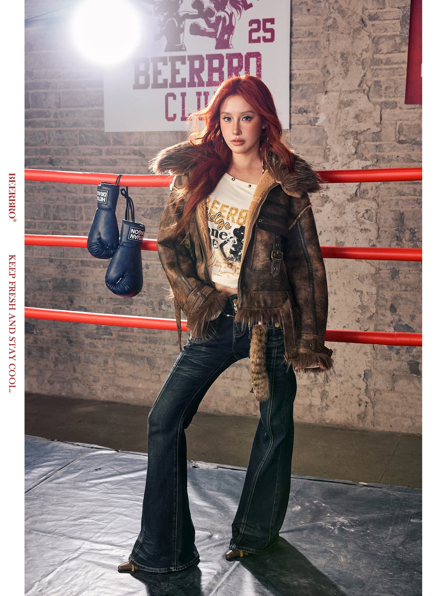 เสื้อโค้ทขนสัตว์สำหรับผู้หญิง BeerBro Violent Beau Dyeing Thiened ket Cosite Warmth  แบบอินเทรนด์  ทำจากหนังและโพลีเอสเตอร์