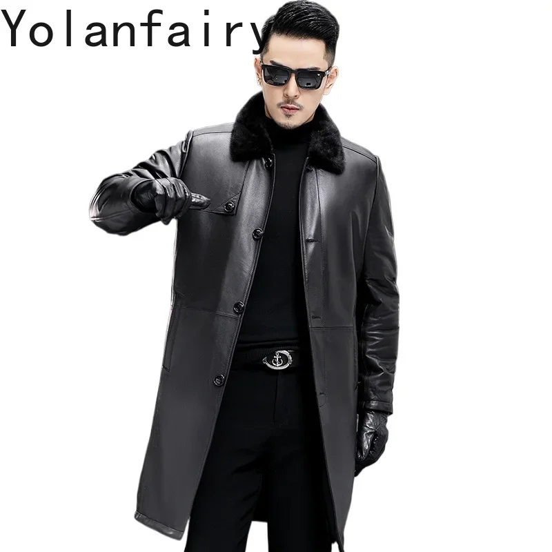 

YOLANFAIRY Genuine Leather Goatskin Mens Jacket Fashion Winter Long Trench Coats Mink Liner Jackets Lapel Style Casaco Longo