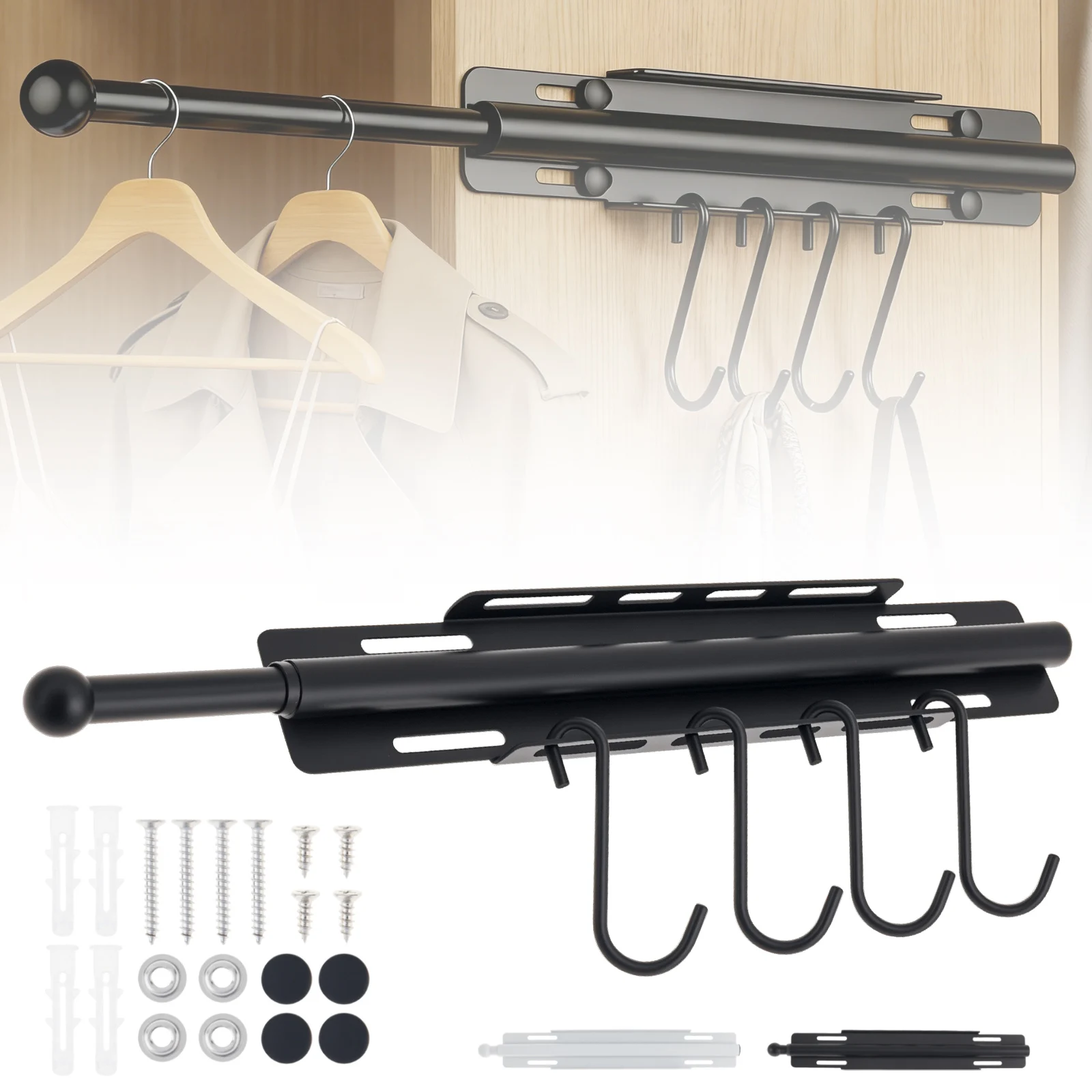 Wall Mounted Valet Rod for Bedroom Laundry Room Bathroom Hanging Clothes Closet Pull Out Adjustable Valet Rod with 4 Hooks