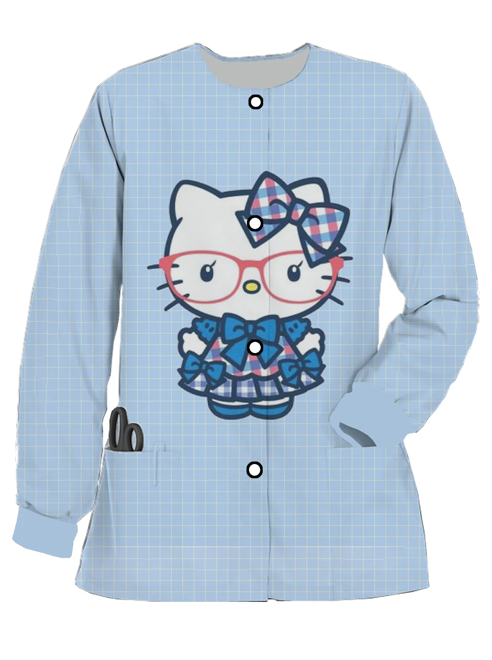 Pet doctor long-sleeved surgical work uniform spring and autumn women's Hello Kitty print round neck scrub casual nurse uniform