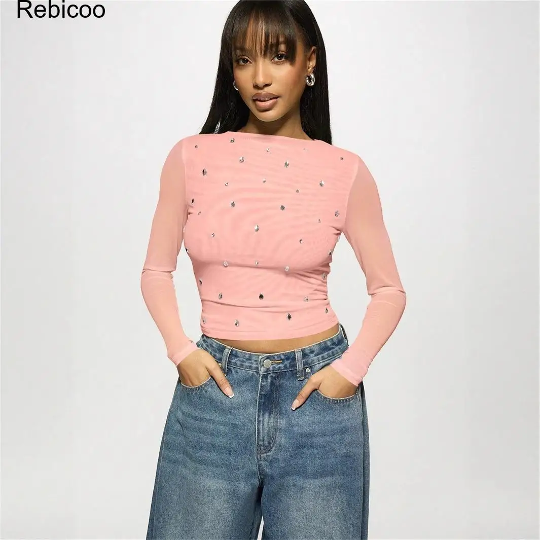 Women's Long Sleeve Sheer Mesh Top Ruched Crew Neck Slim Fit Crop Top with Rhinestone Detail Sexy Party Club Wear Casual Fashion