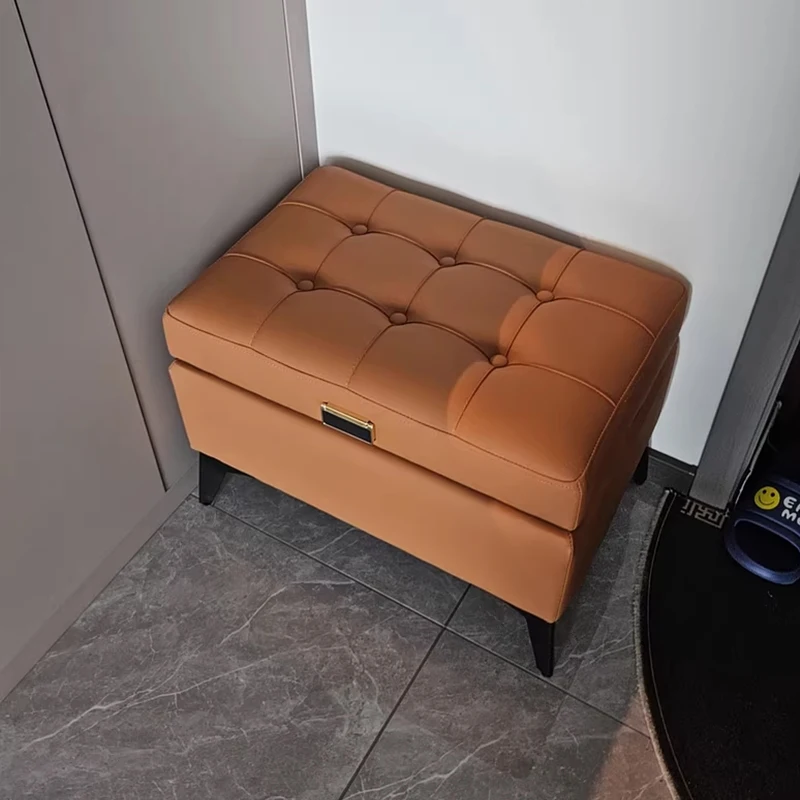 Solid Wood Storage Ottoman, Large Capacity Home Sofa Box, Movable Leather Bed End Bench, Wear-Resistant Entryway Shoe Stool