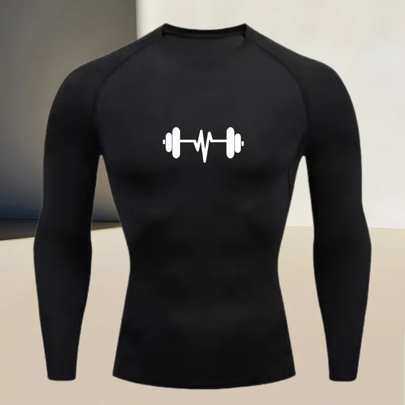 Men's round neck quick drying compression long sleeved printed top - a must-have for high stretch fitness and outdoor sports