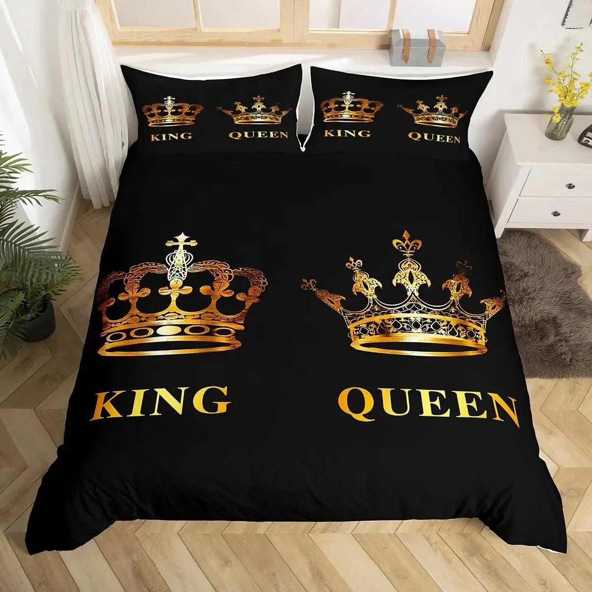 Gold Crown Duvet Cover for Lover Couple King Queen Bedding Set Mr Mrs Comforter Cover Anniversary Quilt Cover with 2 Pillowcases