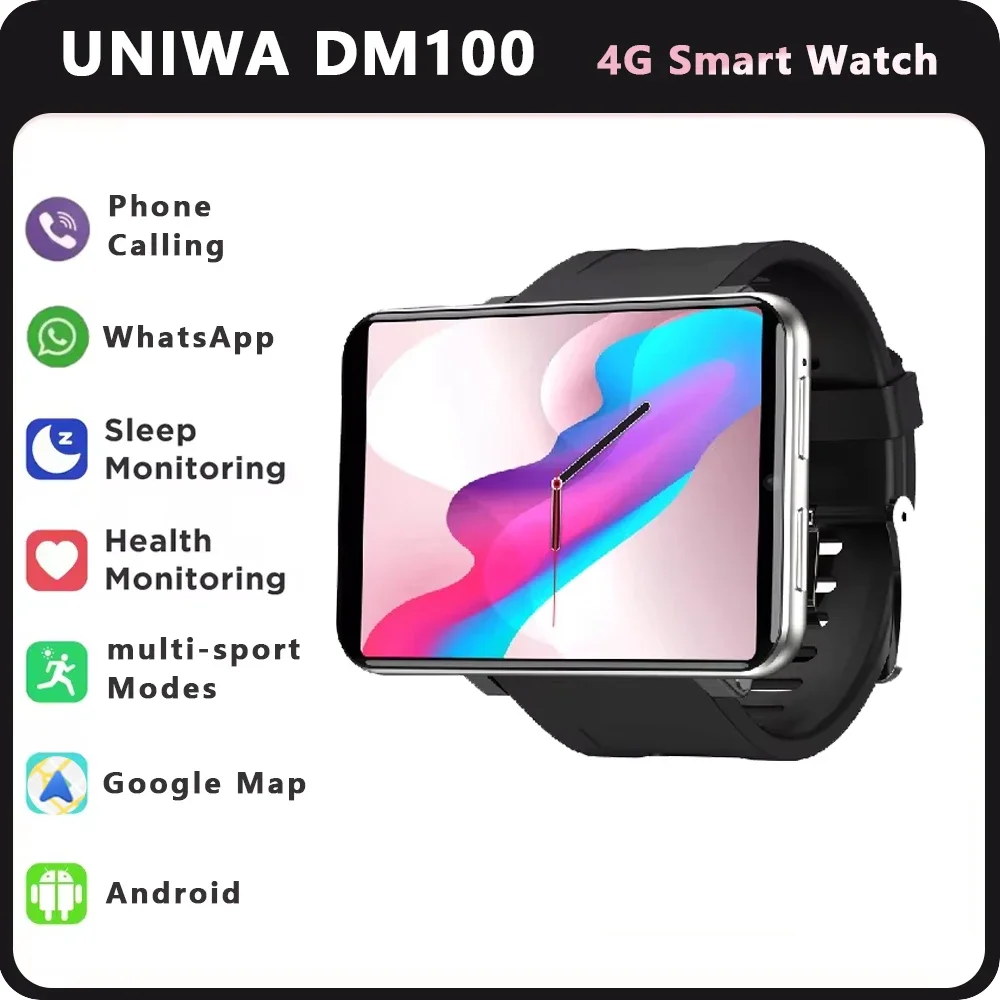 UNIWA DM100 4G LTE Watch Phone 1GB+16GB/3GB+32GB Android 7.1 Smart Watch 2.86 Inch IPS Touch Screen Green Light Heart Rate Senso