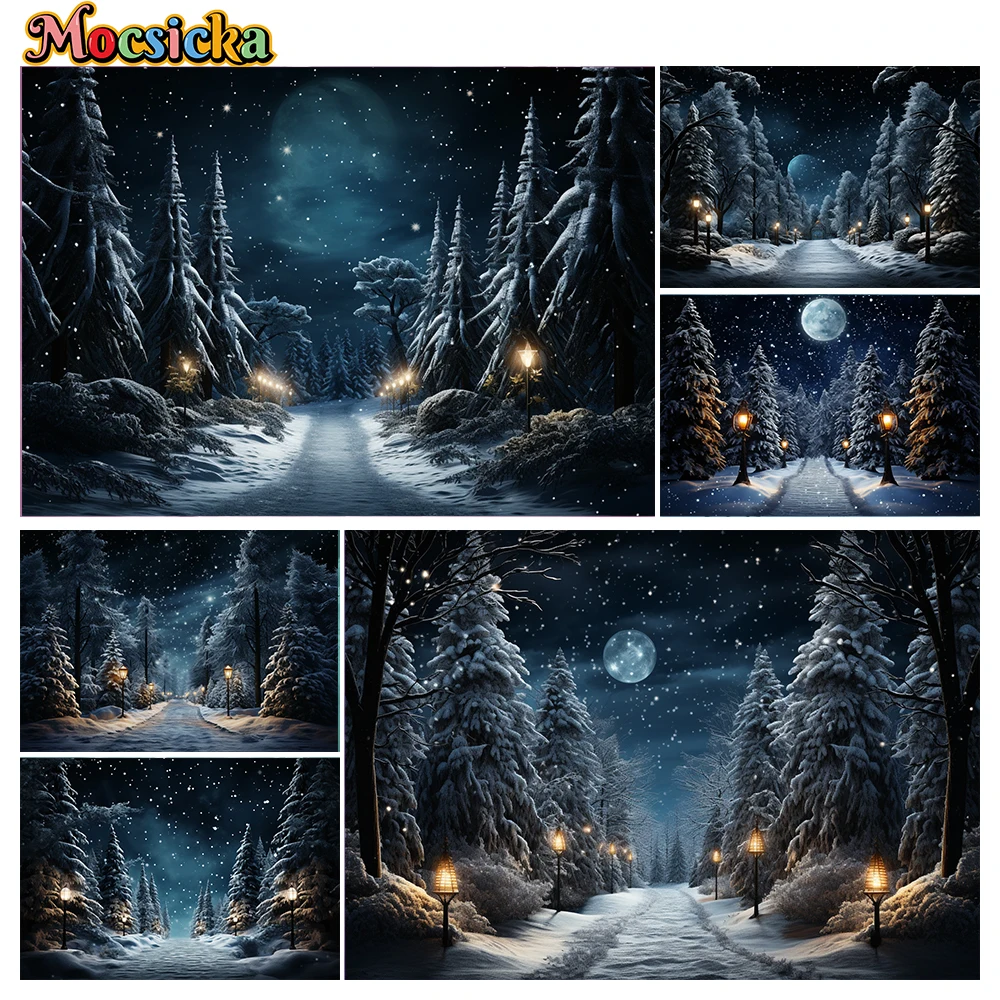 Mocsicka Winter Christmas Photography Background Starry Sky Park Path Holiday Party Family Kids Photo Backdrops Studio