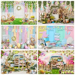 Spring Easter Backdrop Colorful Wood Board Bunny Egg Rabbit Green Grass Flower Easter Baby Portrait Photography Background Decor