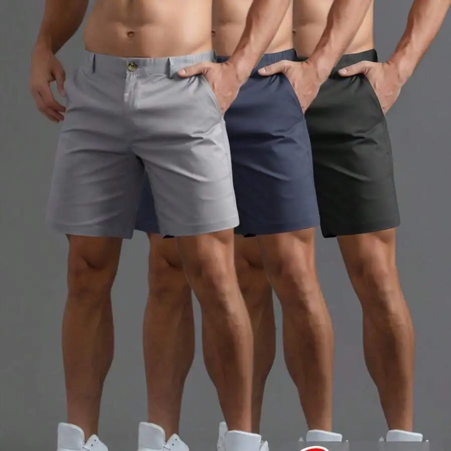 

3 Pack Mens Casual Polyester Shorts Straight Cut Solid Color For Beach Travel Outdoor