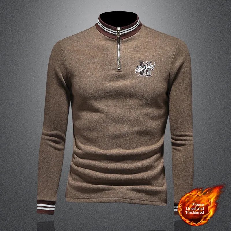 

Утепленная мужская толстовка с длинным рукавом и вышивкой, зимняя базовая кофта, молодежная модная толстовка с высоким воротником на молнии