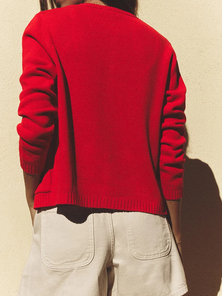 

New Autumn Women's Knitted Red Long Sve round Ne Jaet Versatile Simple Design Commute Sle Slim Fit Pure Color Coat