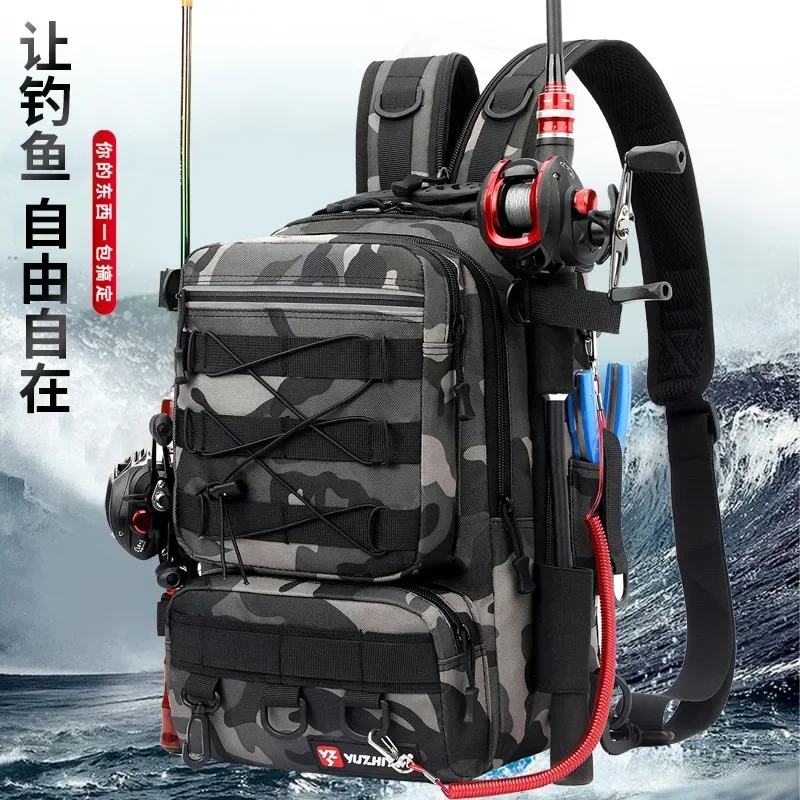 26 Fishing Tackle Backpack Storage Bag Men's Outdoor Shoulder Hanging Fishing Bait Equipment Bag with Rod Holder Camping Hunting