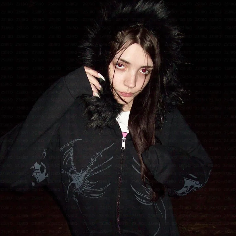 Europese en Amerikaanse stijl Pasen pluche rand decoratieve jas, schedelprint casual jas high street Harajuku Gothic punk Y2K