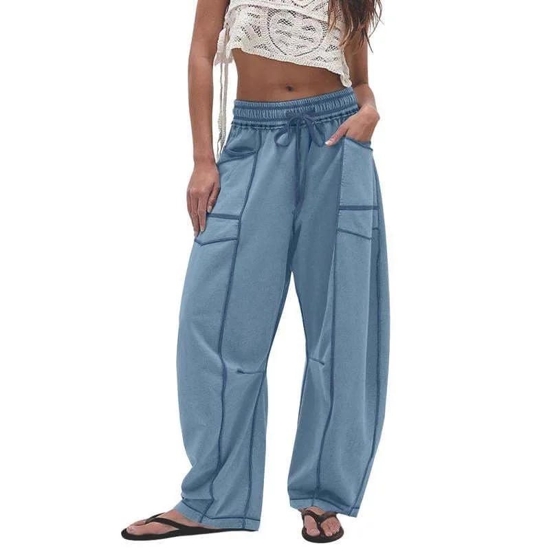 2025 cross-border hot sale women's loose wide-leg pants casual summer wide-leg pants drawstring waist casual pants sweatpants