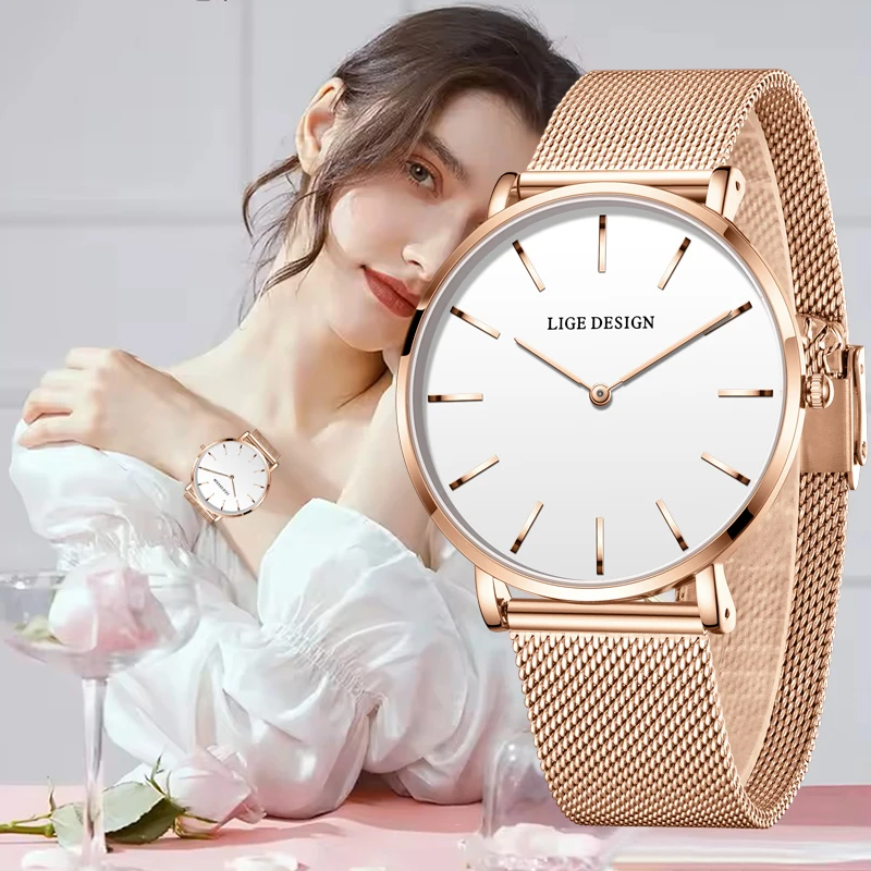 

LIGE новые кварцевые наручные часы для женщин, розовое золото, ультратонкая сетка, водонепроницаемые часы, женские модные элегантные женские часы-браслет