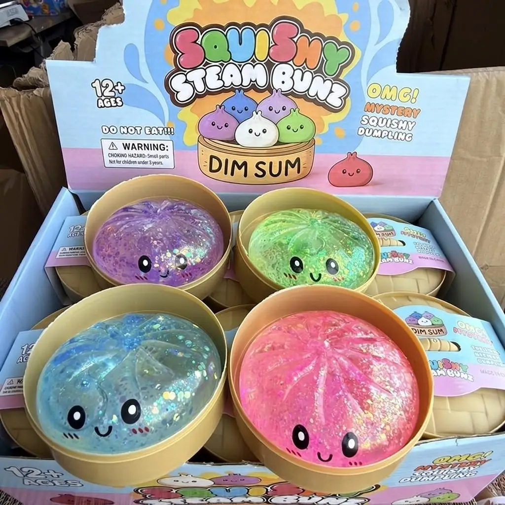 4Pcs Mystery Dim Sum Squishy Toy, Glitter Maltose Gel Steamed Bun Squeeze Ball With Steamer, Satisfying Tactile Sensory Relief