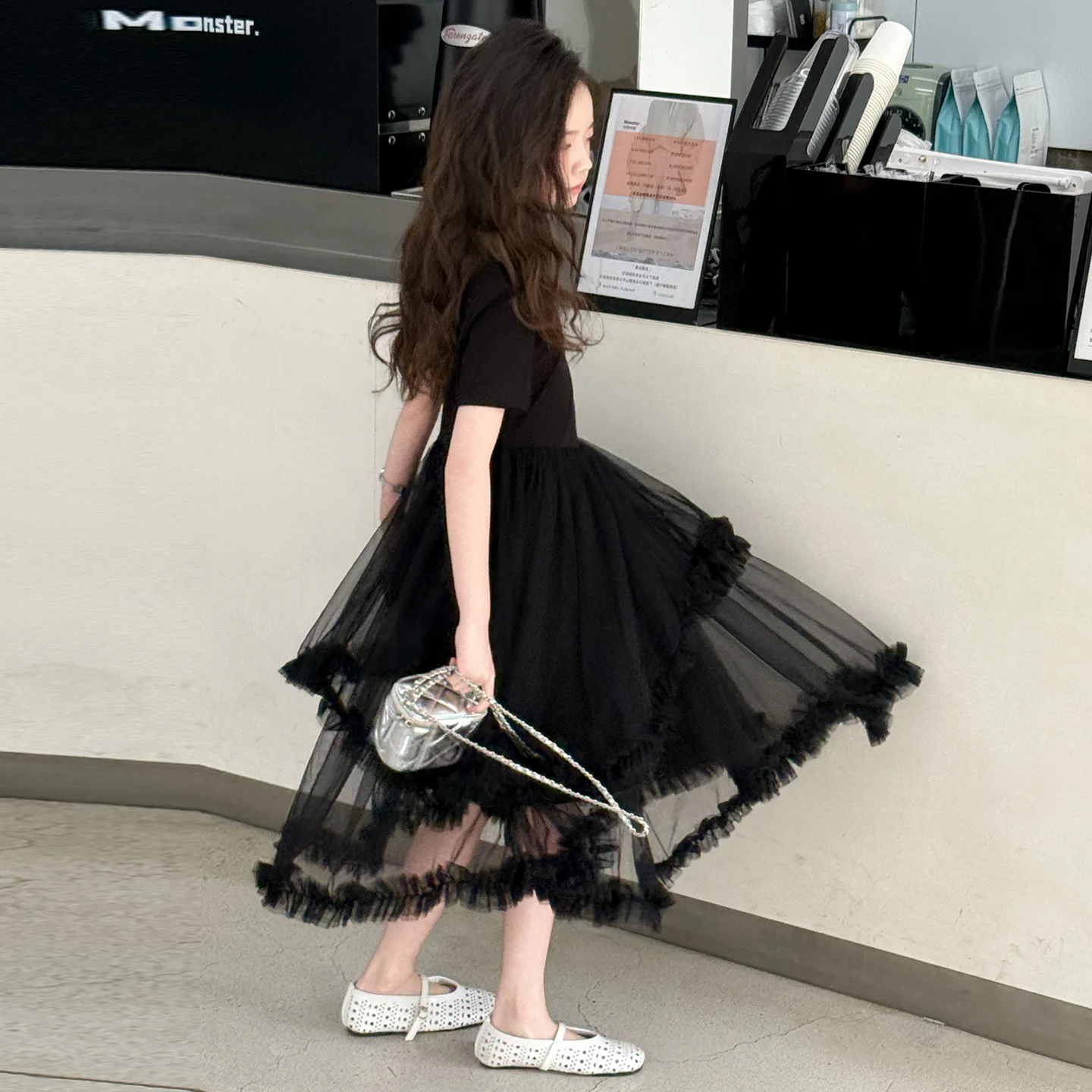 Summer black girl's mesh dress 2025 new round neck children's short sleeved t-shirt skirt with sheer patchwork party princess