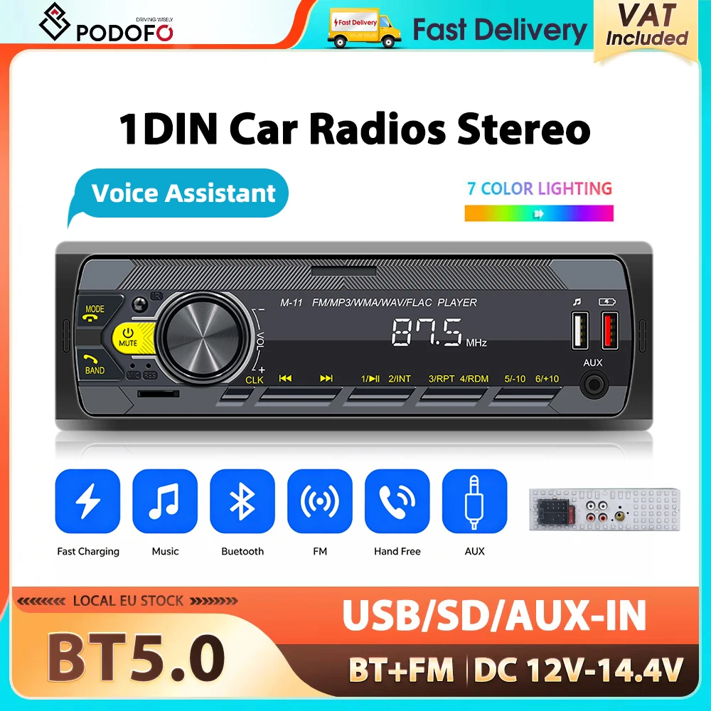 Podofo 1Din MP3 Autoradio Bluetooth MP3-Player Fernbedienung USB/SD/AUX-IN ISO-Anschluss FM Audio Musik 12V 2-Kanal Autoradio