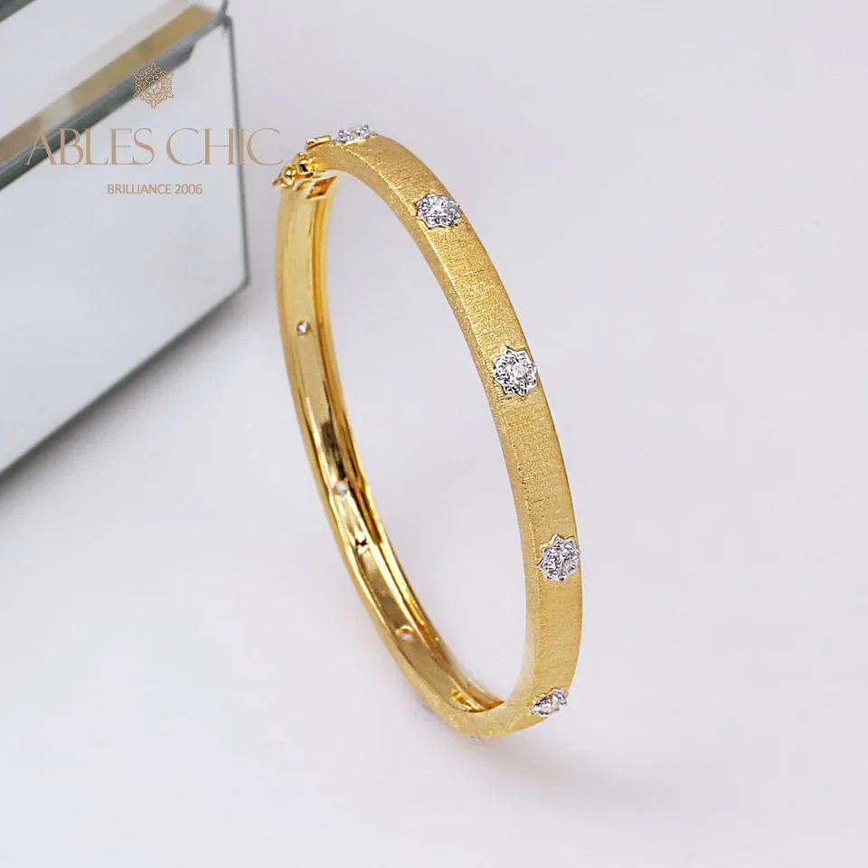 ABLES CHIC Bezel Set Zircon Flowers Stars Hinge Bangle Brushed Silver Silky Gold Tone 5mm Narrow Band Clasp Vintage Bracelet