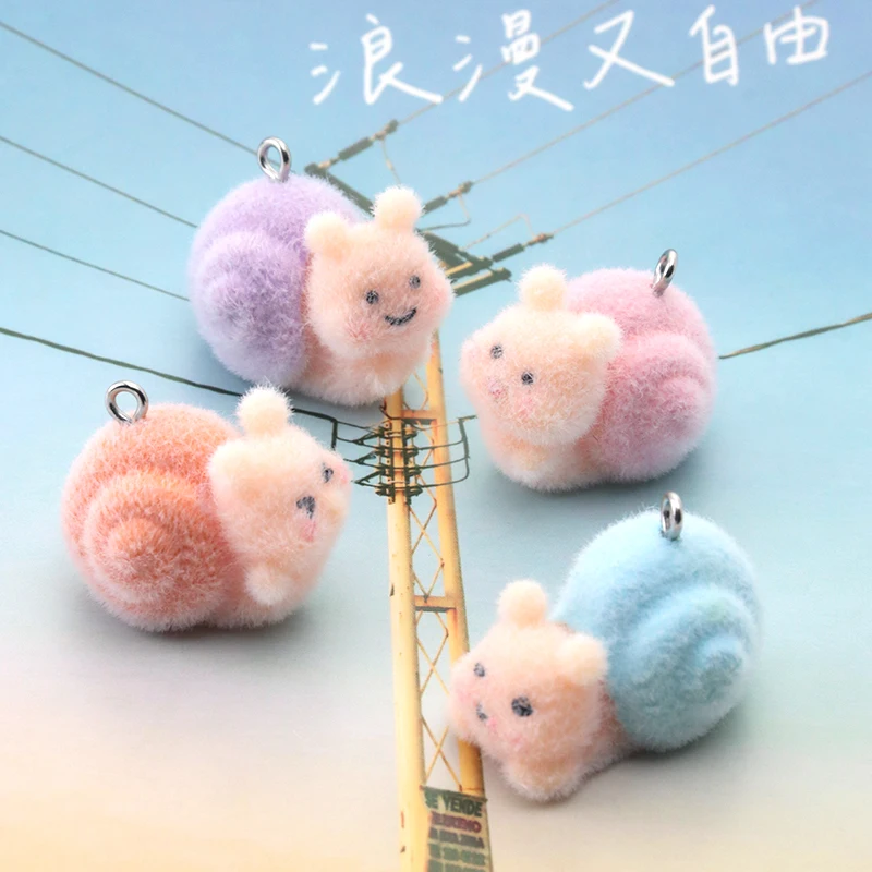 

20PCS 3d Snails Plush Charms Cute Escargot Flocking Resin Pendant for Jewelry Making Diy Earring Keychain Accessories Material