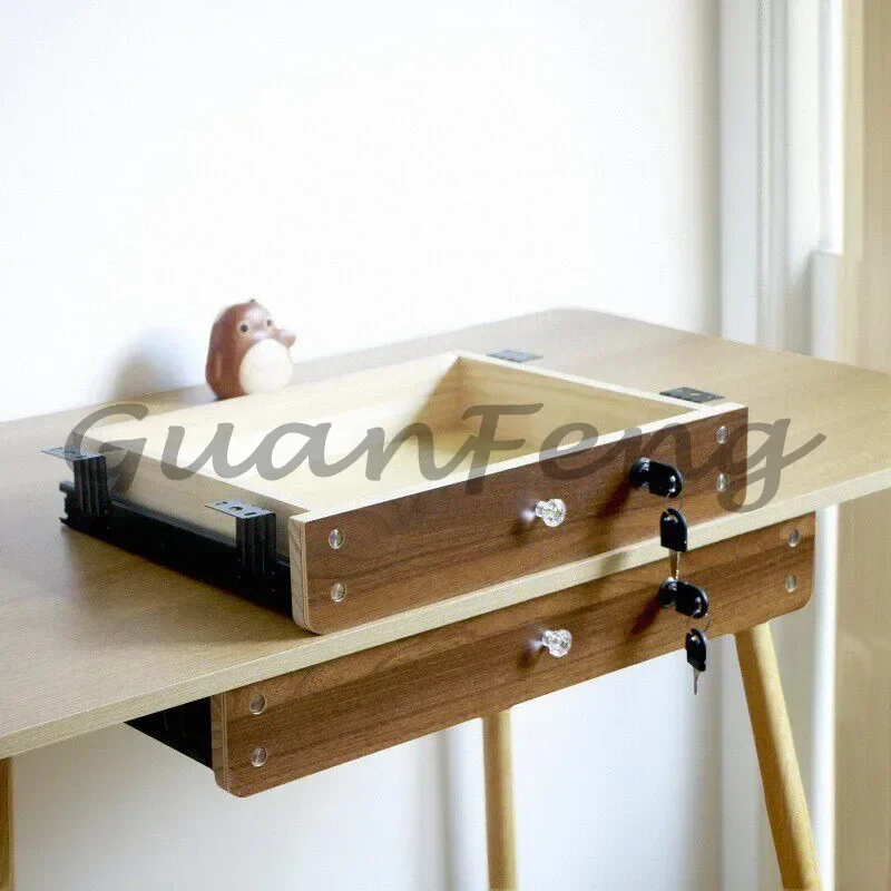 Solid Wood Lockable Under Desk Drawer, Sliding Rail Hidden Hanging Storage Box for Home Office