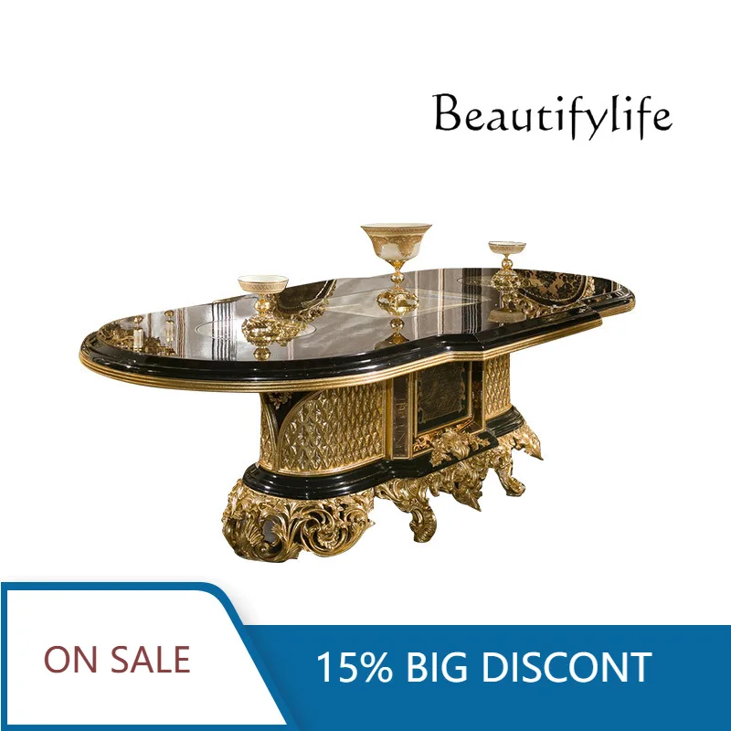 

Solid Wood Carving Flower Long Dining Table Combination European High-end Furniture Fabric Gold Foil Dining Chair Furniture X