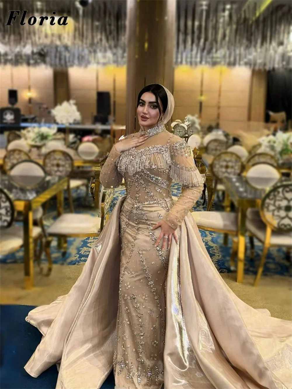 

Arabic Champagne Crystals Evening Dresses With Overskirt Luxury Beaded Long Sleeves Wedding Party Gowns Customized Prom Dress