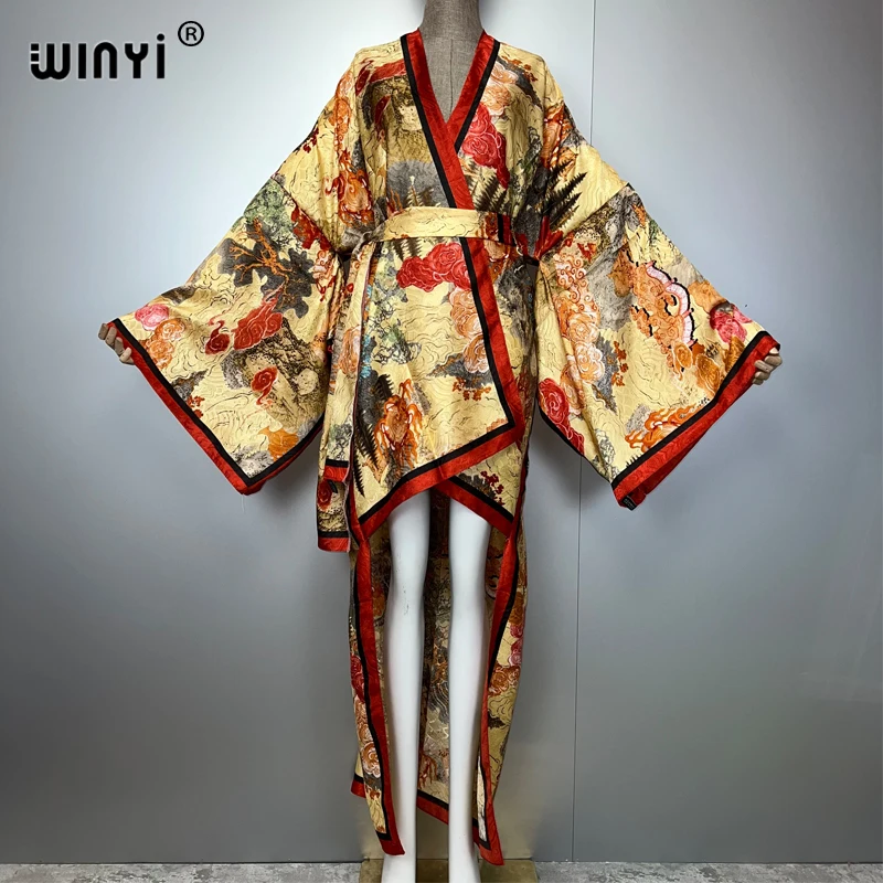 WINYI Summer Beach Wear Cover Up Lady Irregular Cardigan Printing Elegant Silky and Skin-Friendly Sexy Holiday Kimono Maxi Dress