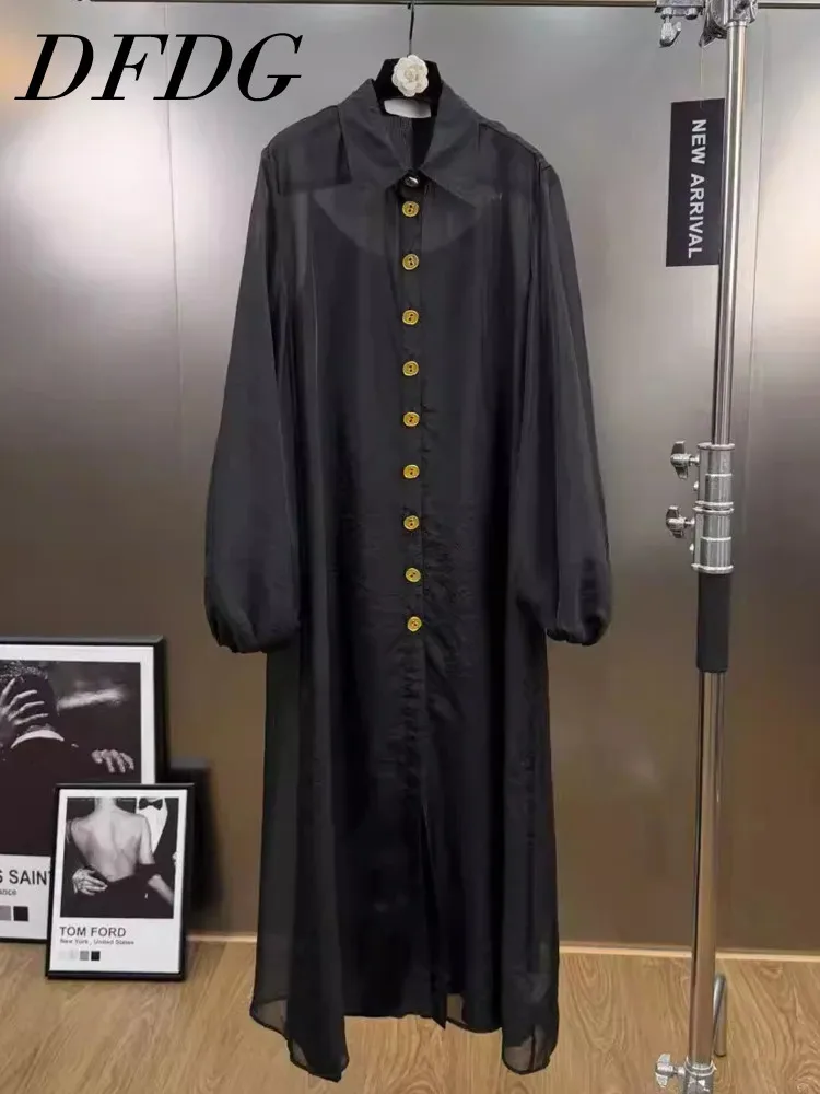 Dfdg feminino 2025 primavera verão sheer camisa vestido colarinho assimétrico botão camisola painéis magro maxi simples vestido casual