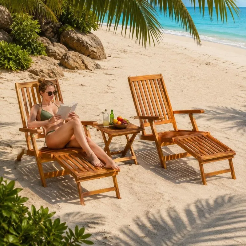 Transat en bois d'acacia massif 5 cm, dossier réglable sur cinq niveaux avec repose-pieds intégré et cadre pliable, accoudoirs ergonomiques pour jardin, terrasse, bord de piscine, mobilier d'extérieur Acifluorfen Sodium
