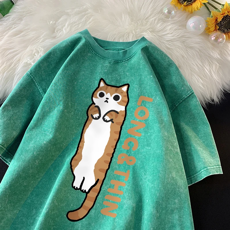 Slender Cat Stripe Summer Orange Cat Siamese Vintage Water Washing Short Sleeve T-shirt Men Women Cotton Trend Fun Cat New Tees