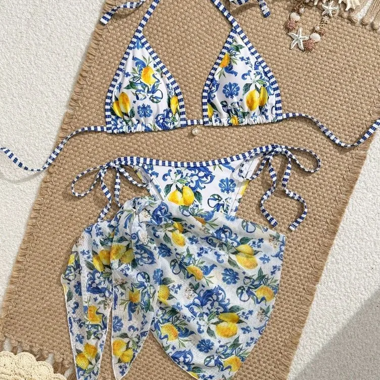 

2026 Lemon Themed Sexy Bikini Swimsuit Three Piece Set for Beach And Hot Spring Swimming High Quality Polyester And Spandex