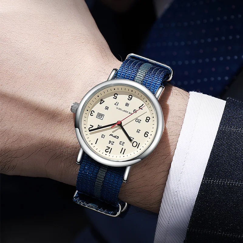 أزياء الرجال الرياضة ووتش قماش التقويم للماء النايلون التناظرية الساعات العسكرية الوقت عارضة ساعة معصم Montre Pour Hommes