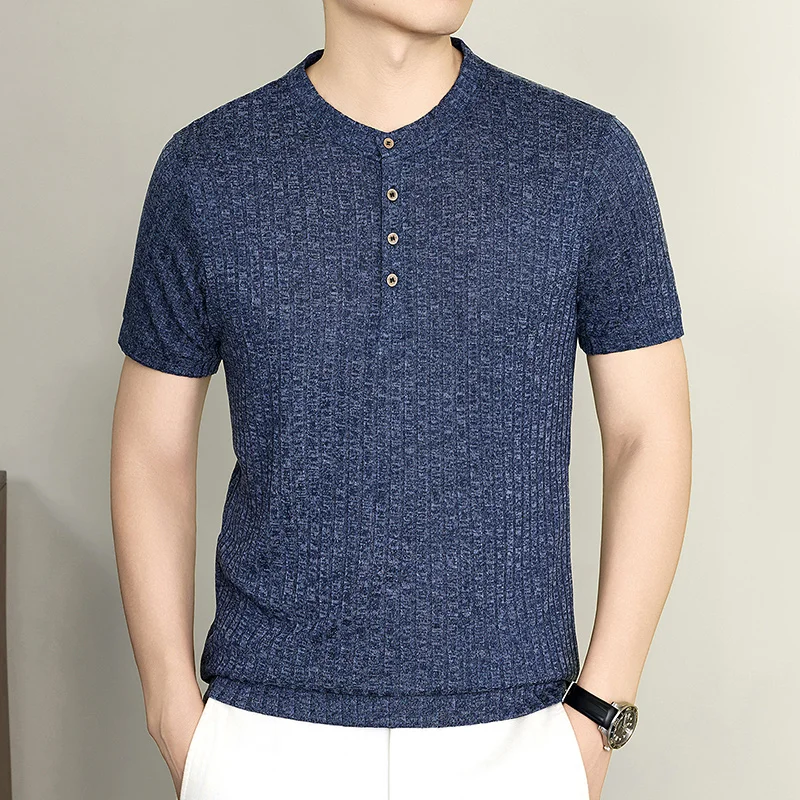 Herren Henley-Kragen Vertikal Geripptes Kurzarm-Strick-T-Shirt Lässige Oberteile Dehnbar Atmungsaktiv Knitterfrei Sommerkleidung – Detail 9