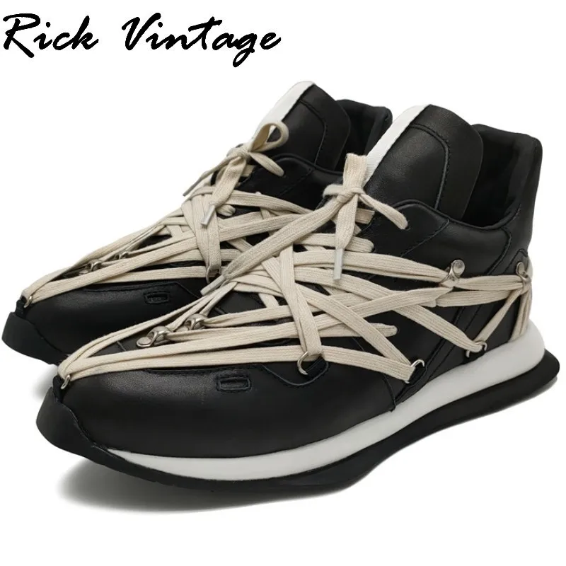 Rick Vintage Spring Platform Sneakers Men Designer Real Leather Casual Shoes Male Luxury Trainers Casual Lace-up Black Boots