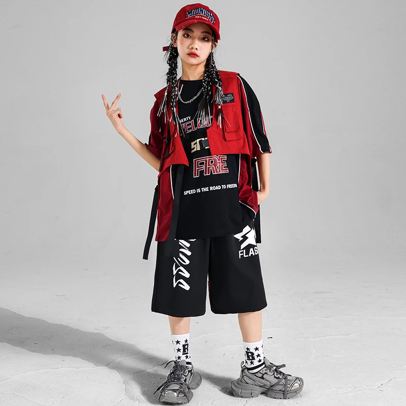Jungen Hip Hop Lose T-shirt Rote Weste Cargo Hosen Street Dance Shorts Mädchen K-pop Jazz Kostüm Kind Kleidung Sets kinder Streetwear