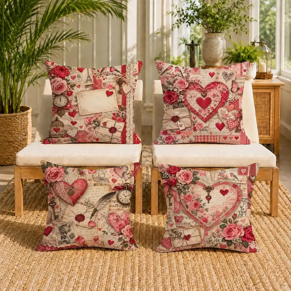 Vintage Love Heart Paris Cafe Print Throw Pillow Covers Set for Sofa Couch Home Decor Accent Cushion