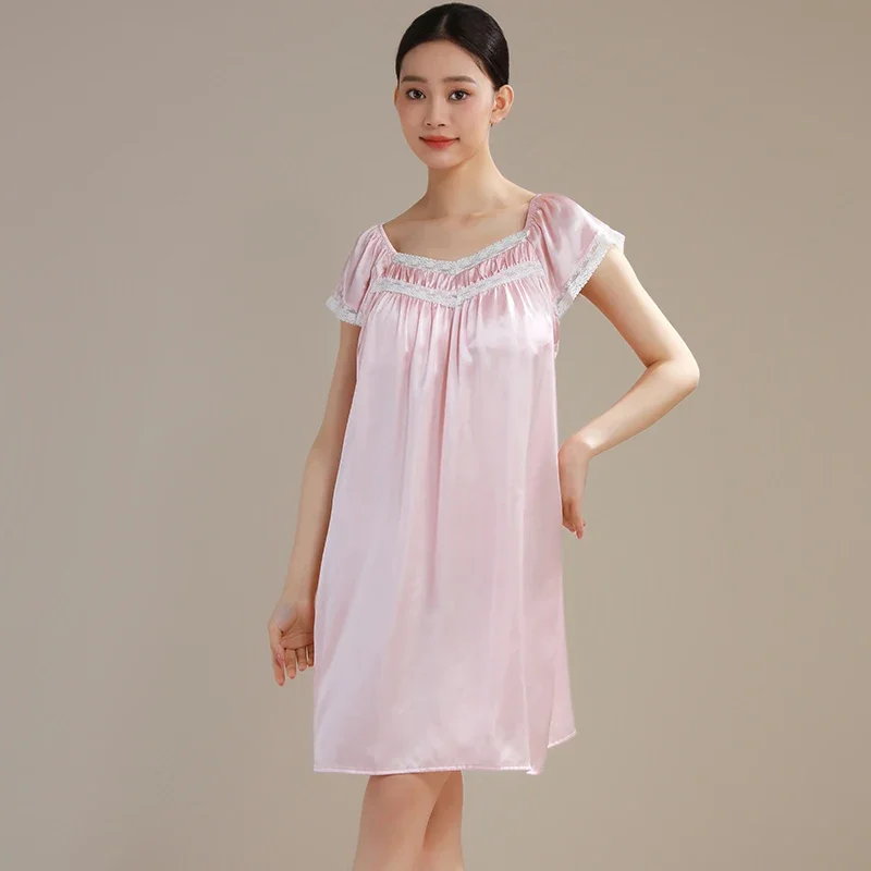 

19MM 100% Silk Lace Trim Chemise Nightdress Sexy Princess Nightshirts Real Mulberry Silk Short Sleeve Sleepwear Nightgowns PJS