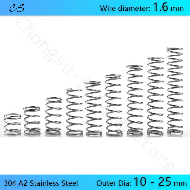 

5PCS 1.6mm Compression Spring 304 A2 Stainless Springs Wire Dia 1.6mm Outer Dia 10 11 12 13 14 15 16 - 25 mm Length 10 - 50 mm