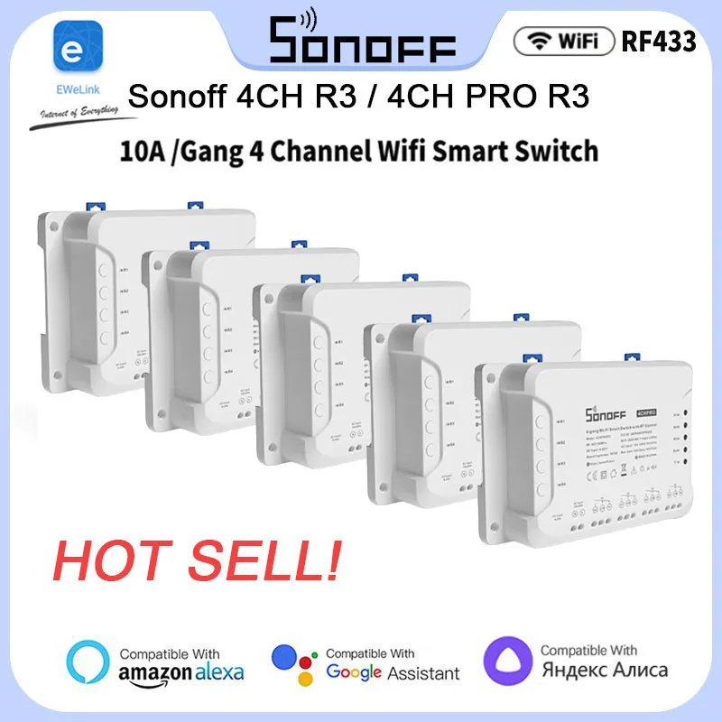 1-10PCS Sonoff 4CH R3/4CH PRO R3 4 Gang WiFi Smart Switch Module RF Remote Lights Switch Support 4 Devices Works With Alexa