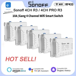 1-10PCS Sonoff 4CH R3/4CH PRO R3 4 Gang WiFi Smart Switch Module RF Remote Lights Switch Support 4 Devices Works With Alexa