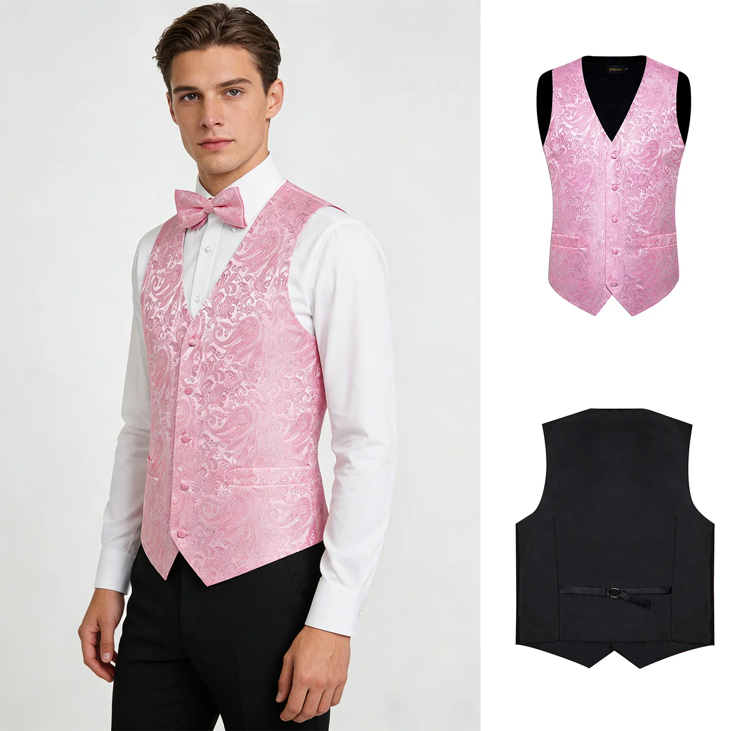 

Men's Pink Paisley Suit Vest & Bow Tie Set – Formal Waistcoat with Tie, Jacquard for Weddings and Festive Events