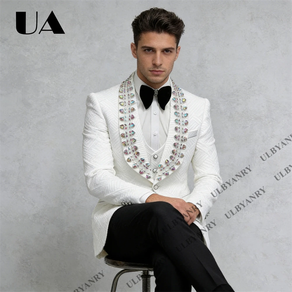 

White Crystal Embellished Tuxedo Jacket Men's 3-Piece Suit with Iridescent Rhinestone Lapel for Wedding Groom Suit Set