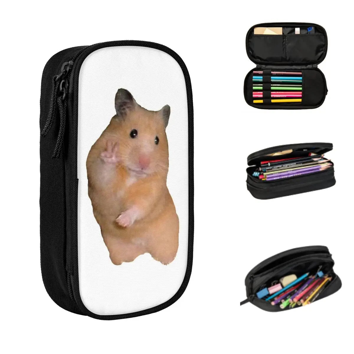 Peace Sign Hamster Pencil Cases Big Capacity Pen Bags Pen Box Pencil Pouch For Boys Girls Students Stationery School Office