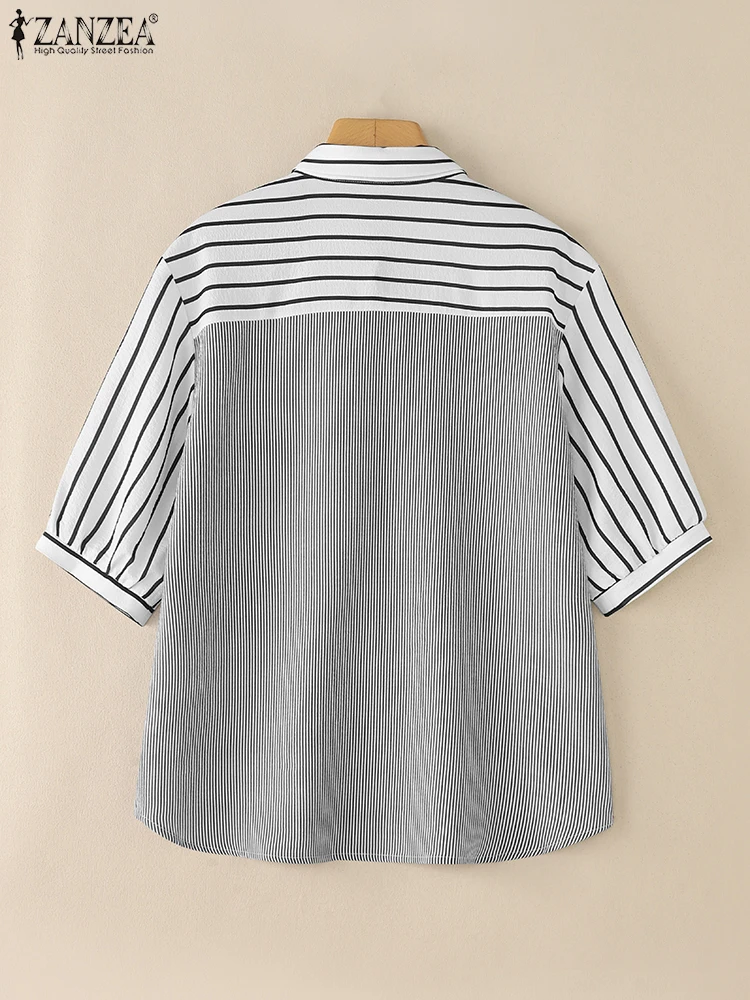 ZANZEA-camisas de retazos a rayas para mujer, moda de verano, manga corta, cuello vuelto, camisa con botones, Tops de colores contrastantes