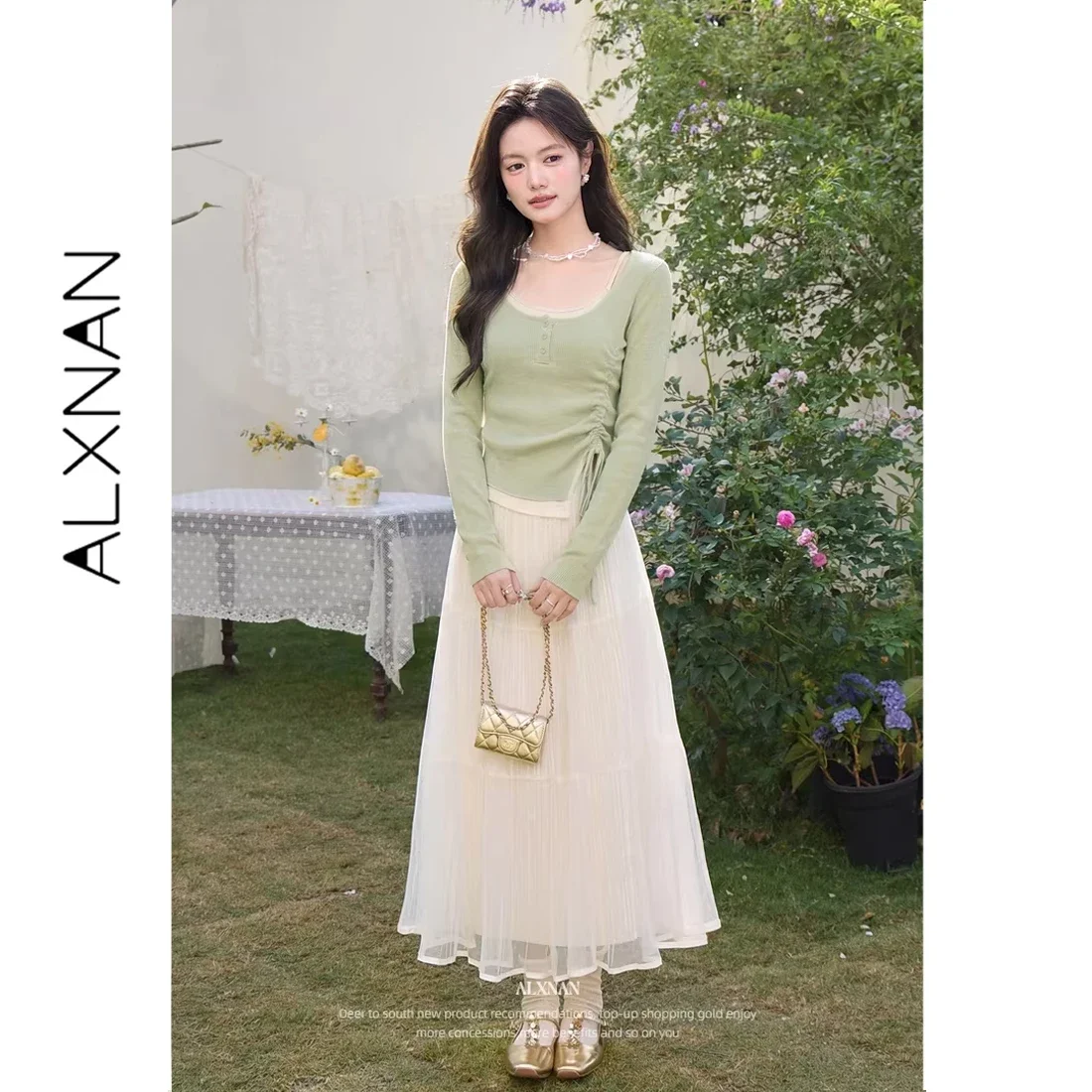 ALXNAN Women's Long Sleeve T-shirt Green Fake Two Piece U-neck Tee Side Drawstring Ruched Irregular Hem Slim Casual Tops L61892A