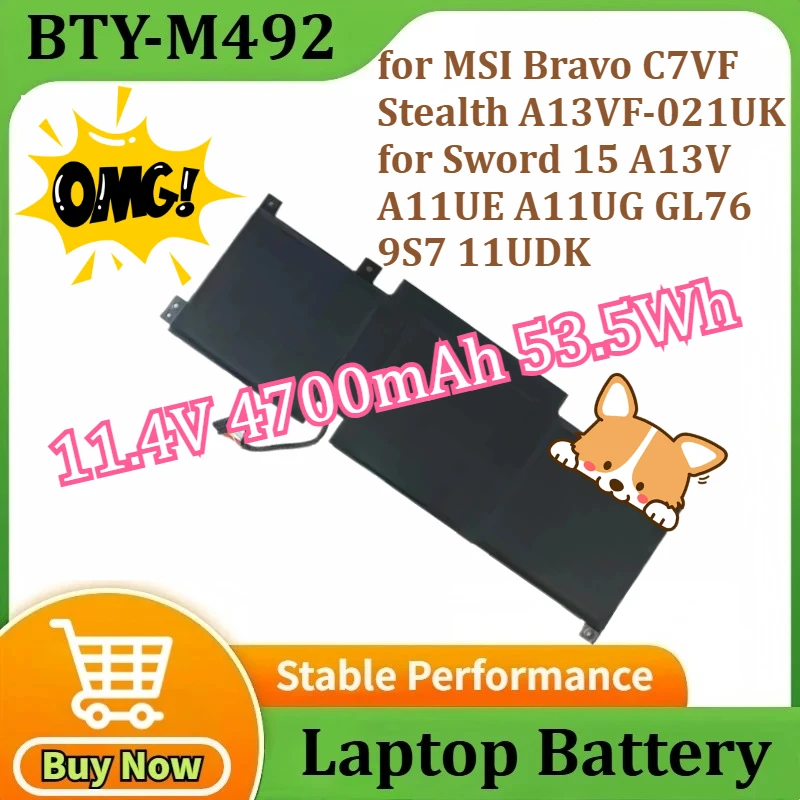

BTY-M492 Аккумулятор для ноутбука MSI Bravo C7VF Stealth A13VF-021UK для Sword 15 A13V A11UE A11UG GL76 9S7 11UDK 11,4 В 4700 мАч 53,5 Втч