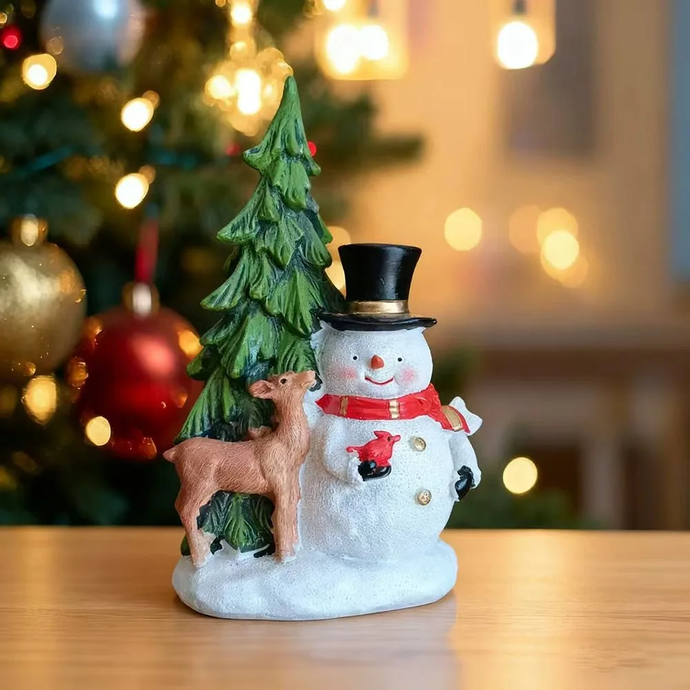 Christmas Tree Snowman Resin Figurine Winter Village Scene Home Decoration